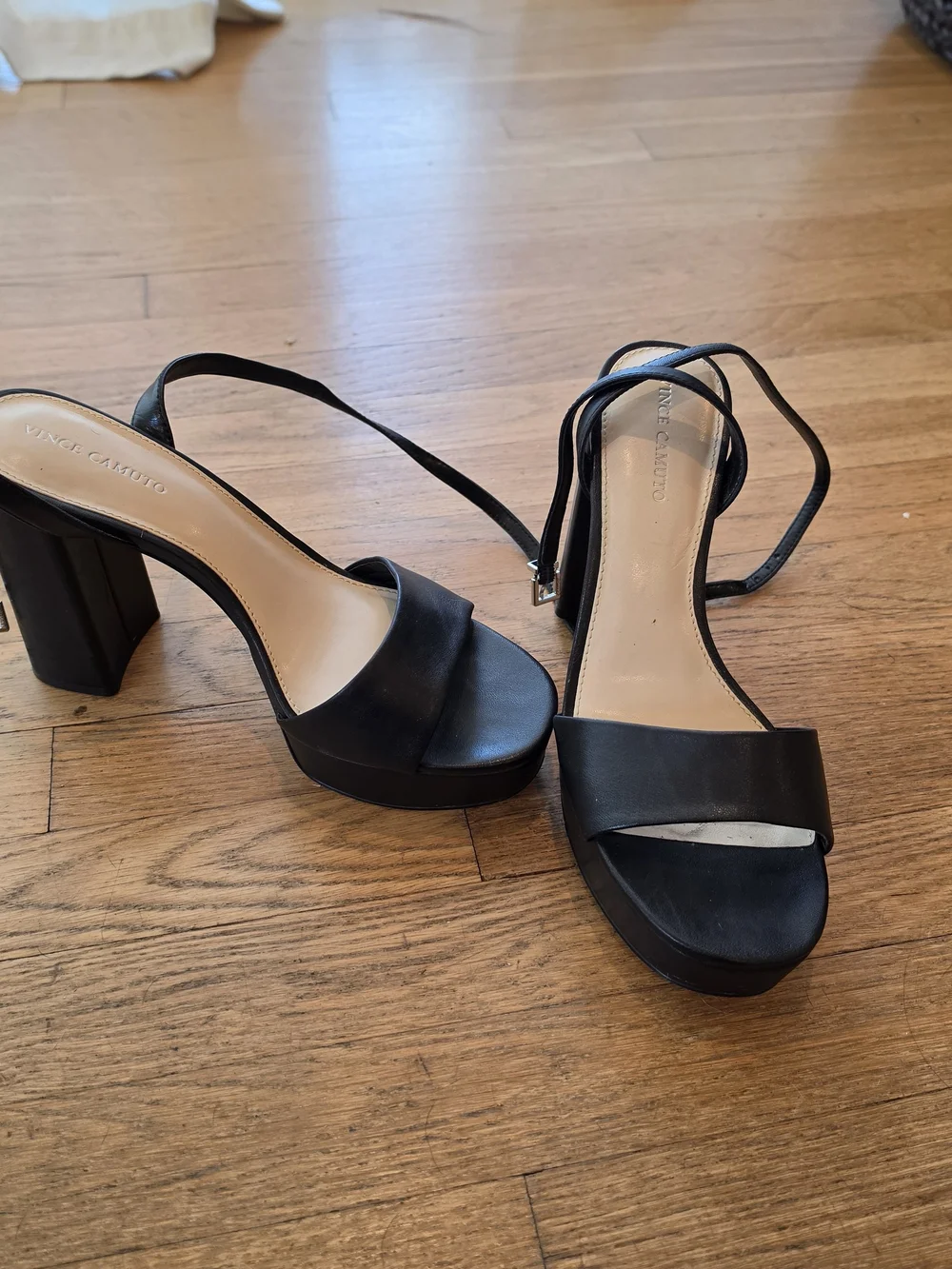 Vince Camuto Black Leather Pendry Platform Sandal Open-Strap Ankle Tie Heels